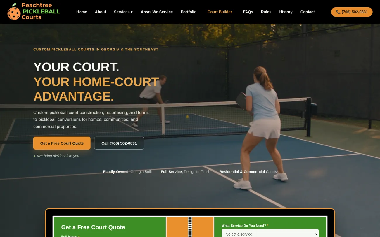 Peachtree Pickleball Courts homepage built by Intown Ads, with a free court quote form above the fold