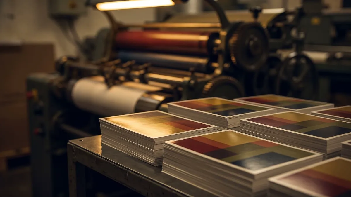 Stacks of printed direct mail postcards beside a press