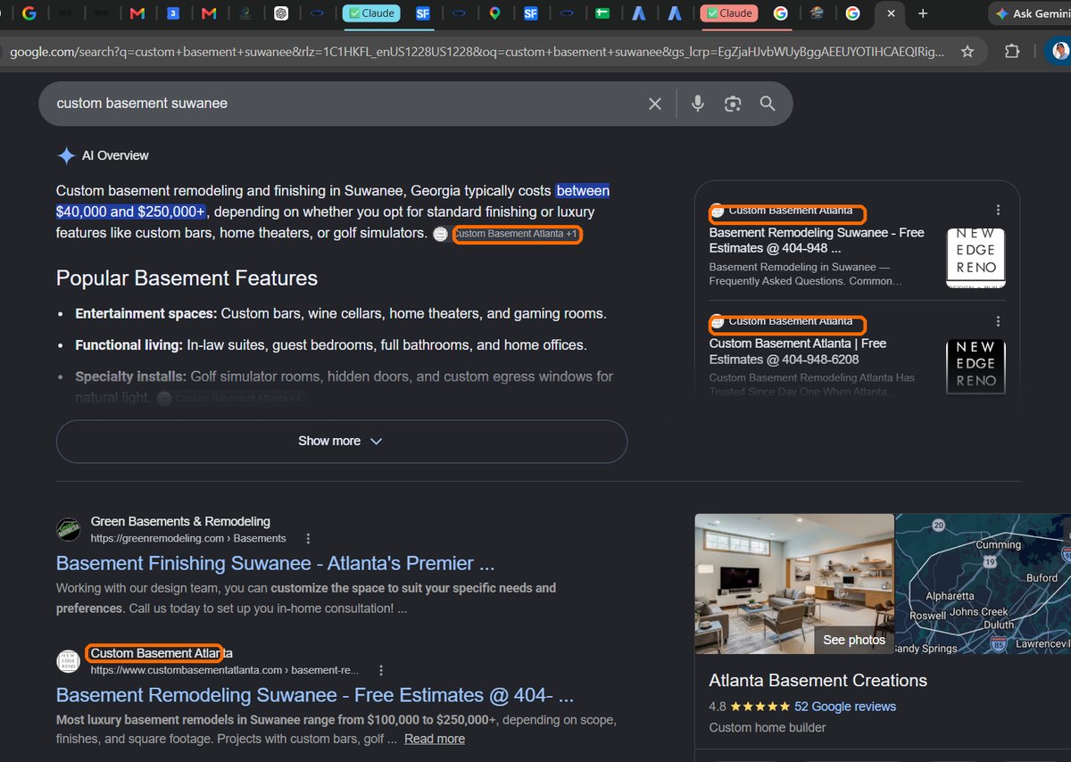 Google search results for "custom basement suwanee" showing custombasementatlanta.com highlighted