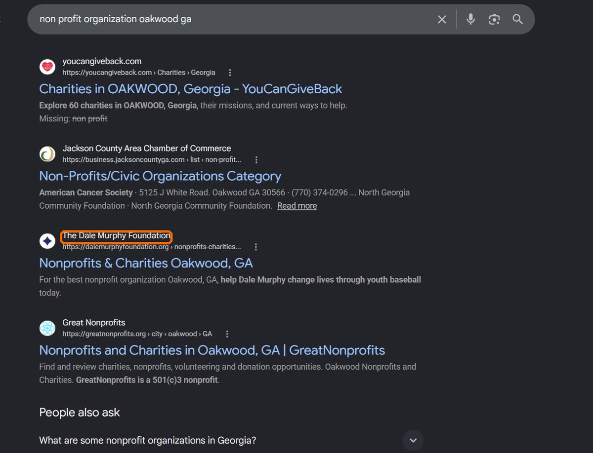 Google search results for "non profit organization oakwood ga" showing dalemurphyfoundation.org highlighted