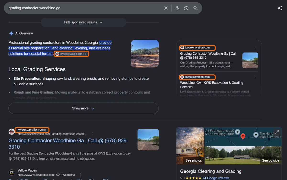 Google search results for "grading contractor woodbine ga" showing kwsexcavation.com highlighted
