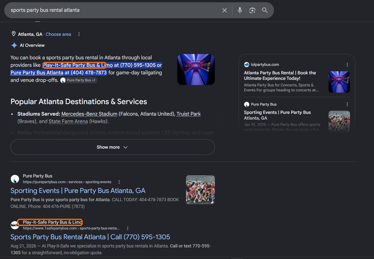 Google search results for "sports party bus rental atlanta" showing 1safepartybus.com highlighted