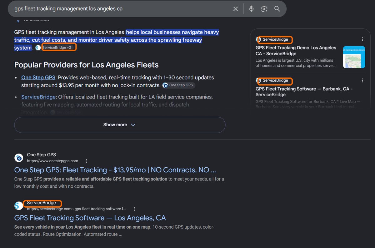 Google search results for "gps fleet tracking management los angeles ca" showing servicebridge.com highlighted