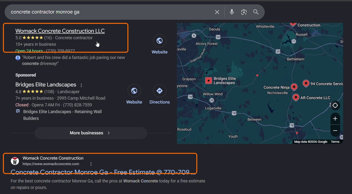 Google search results for "concrete contractor monroe ga" showing womackconcrete.com highlighted