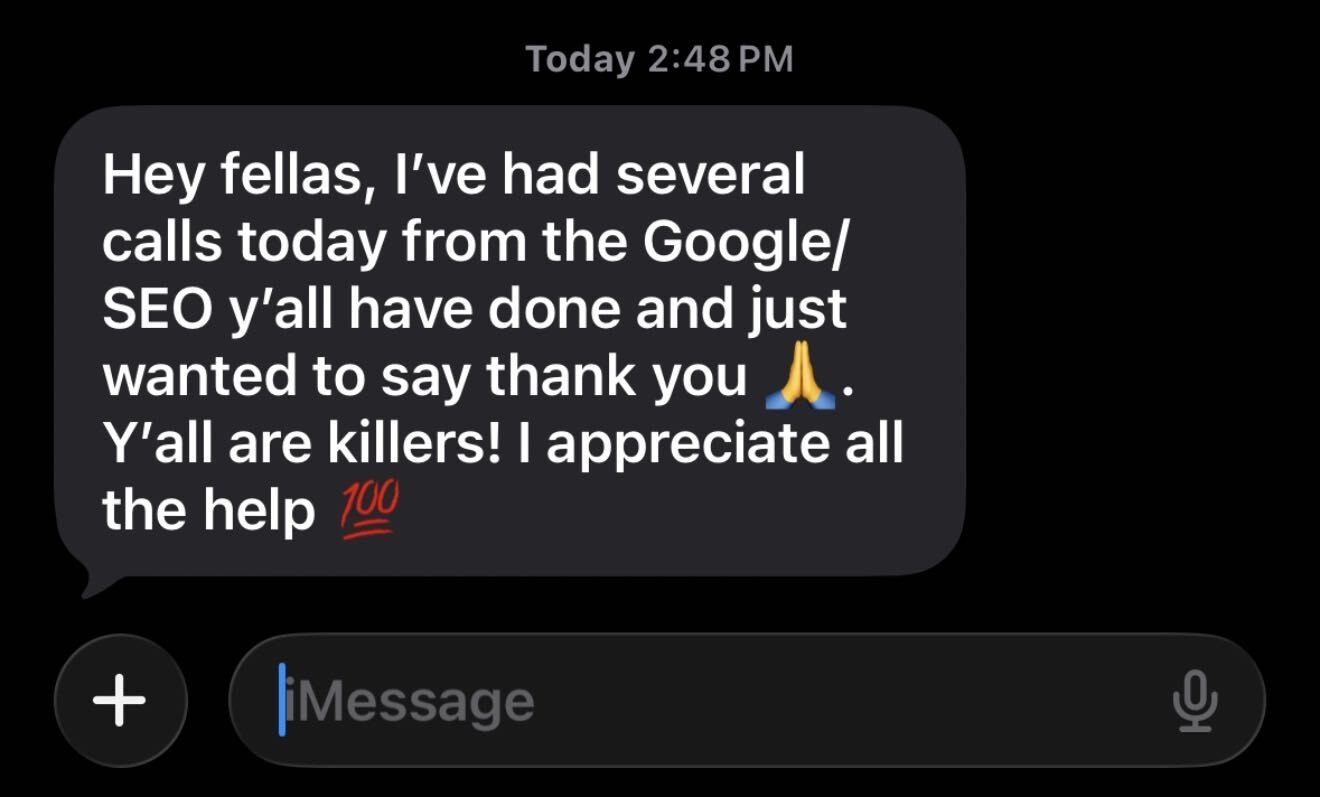Client text message saying they received several calls today from Google and SEO work.