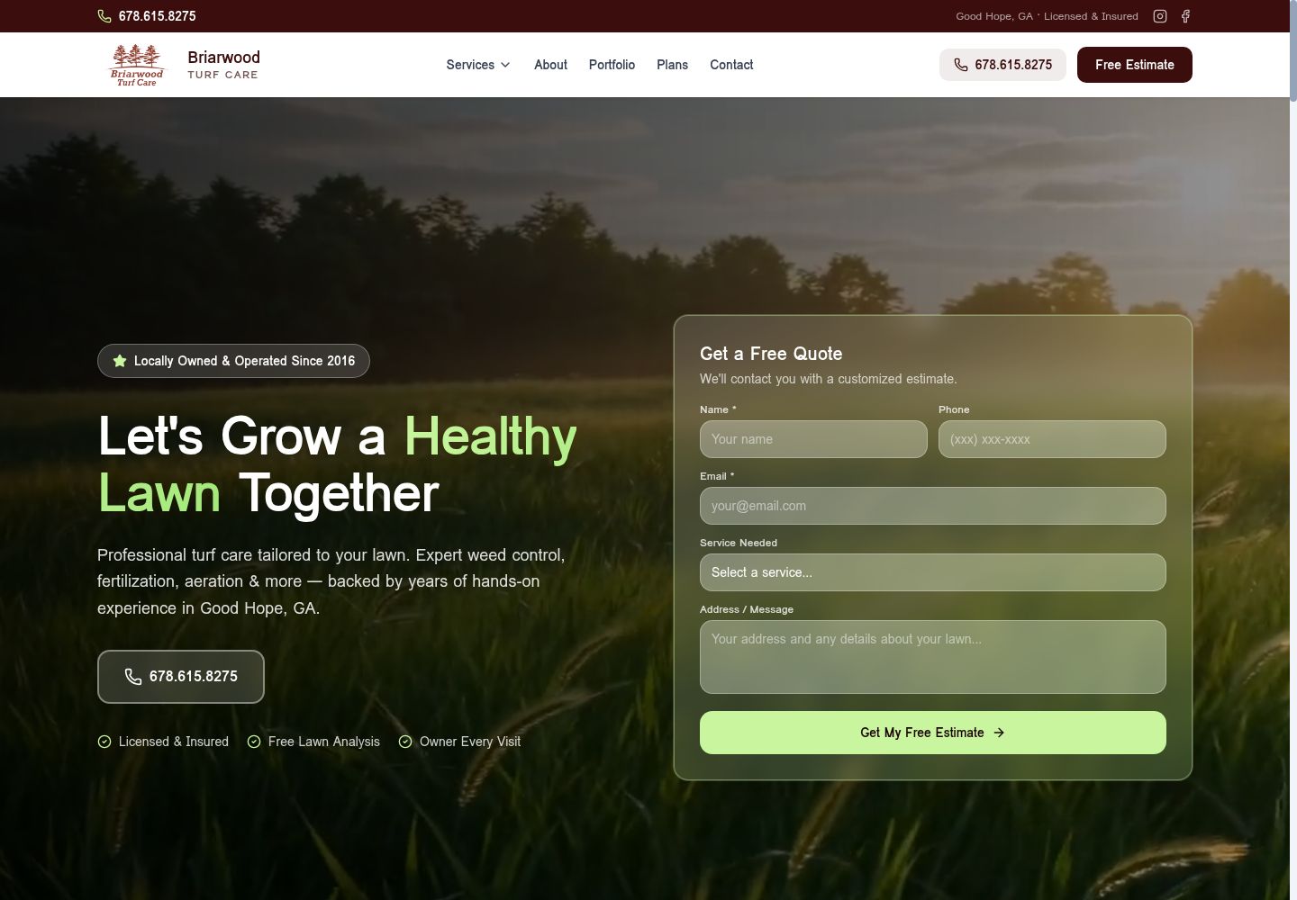 Briarwood Turf Care homepage with lawn-care quote form