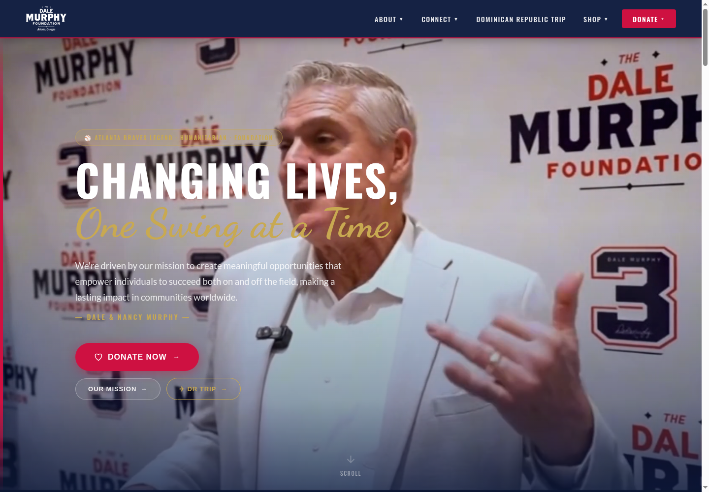 Dale Murphy Foundation homepage featuring its Changing Lives, One Swing at a Time message