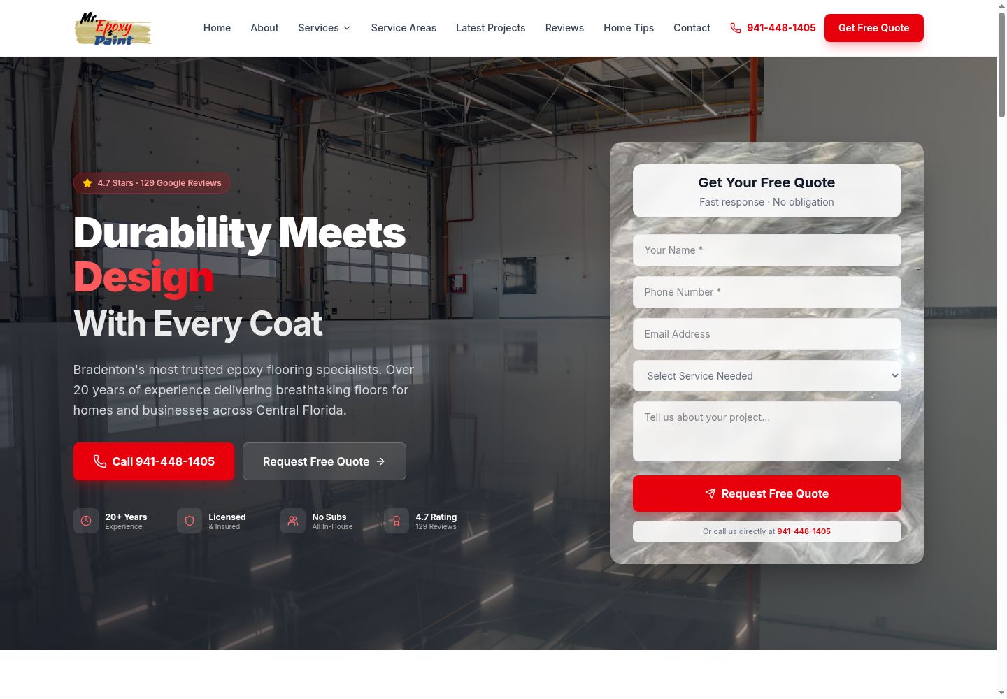 Mr. Epoxy and Paint homepage with quote form