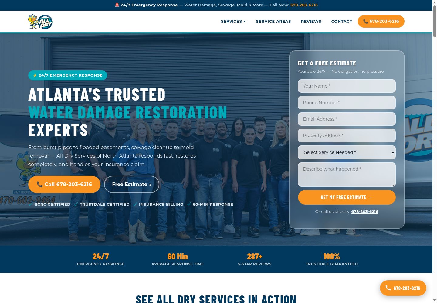 All Dry Services of North Atlanta water damage restoration homepage